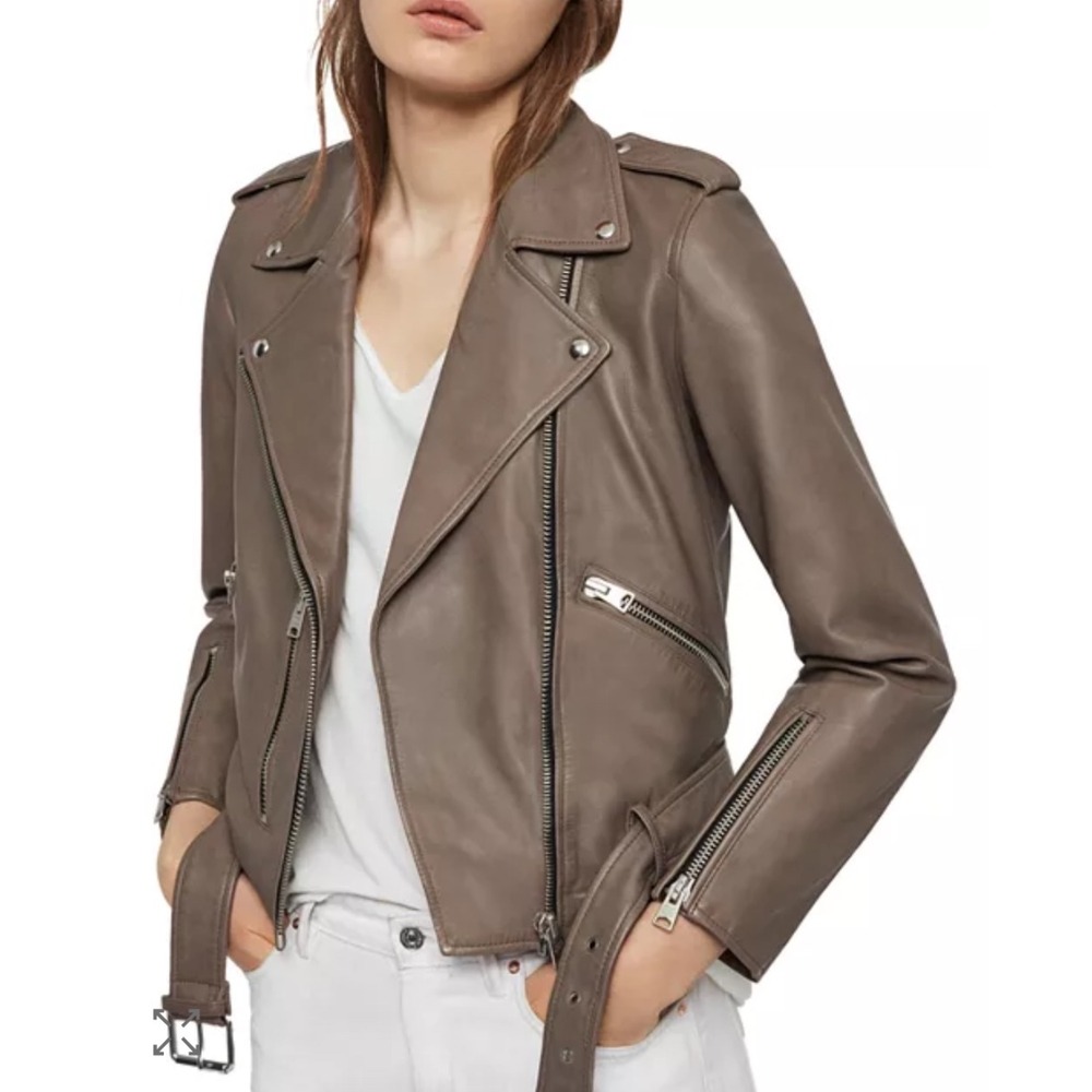 AllSaints Balfern Leather Biker Jacket‎ Women's Size 0 Taupe Moto Fall Edgy